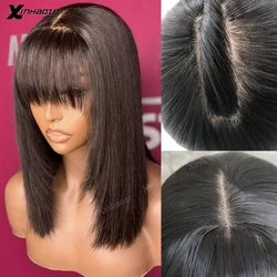 5x5 Silk Top Human Hair Wigs With Bangs Straight Hair Bob Wig 8-18