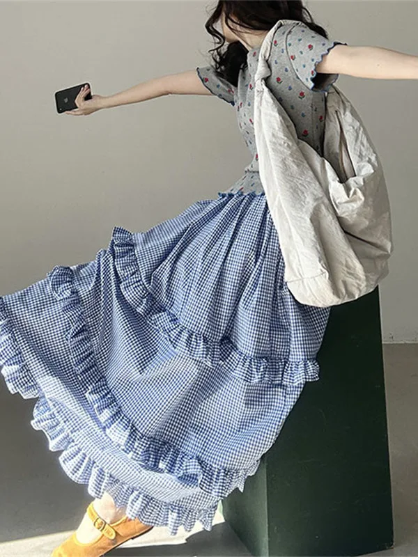 Saliency Vintage Plaid Y2k Skirt 2024 Elastic Waist Ruffle Cake Long Skirts Woman Korean Fashion Faldas