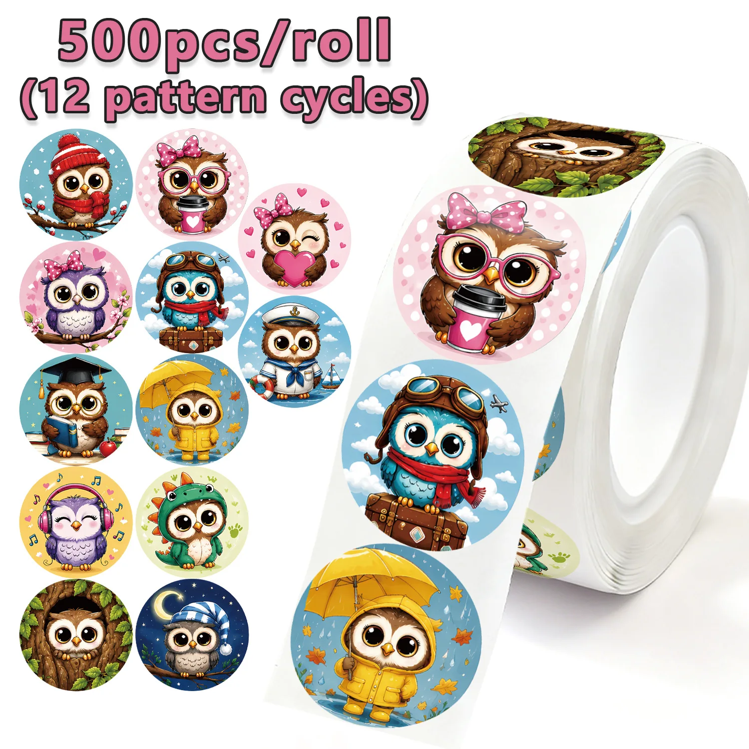 JCAC 500pcs/roll 1 Inch Cute Career Owl Stickers, Multicolor Music Grad Navy Owl, Self-Adhesive Decals