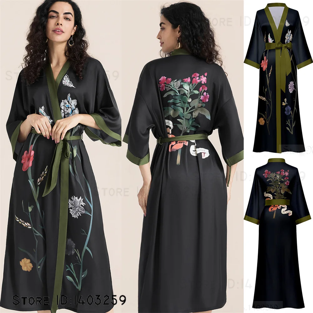 

Plus Size Women Long Robe Negligee Print Floral Kimono Batnrobe Gown Silky Satin Female Sleepwear Home Dress Loose Loungewear