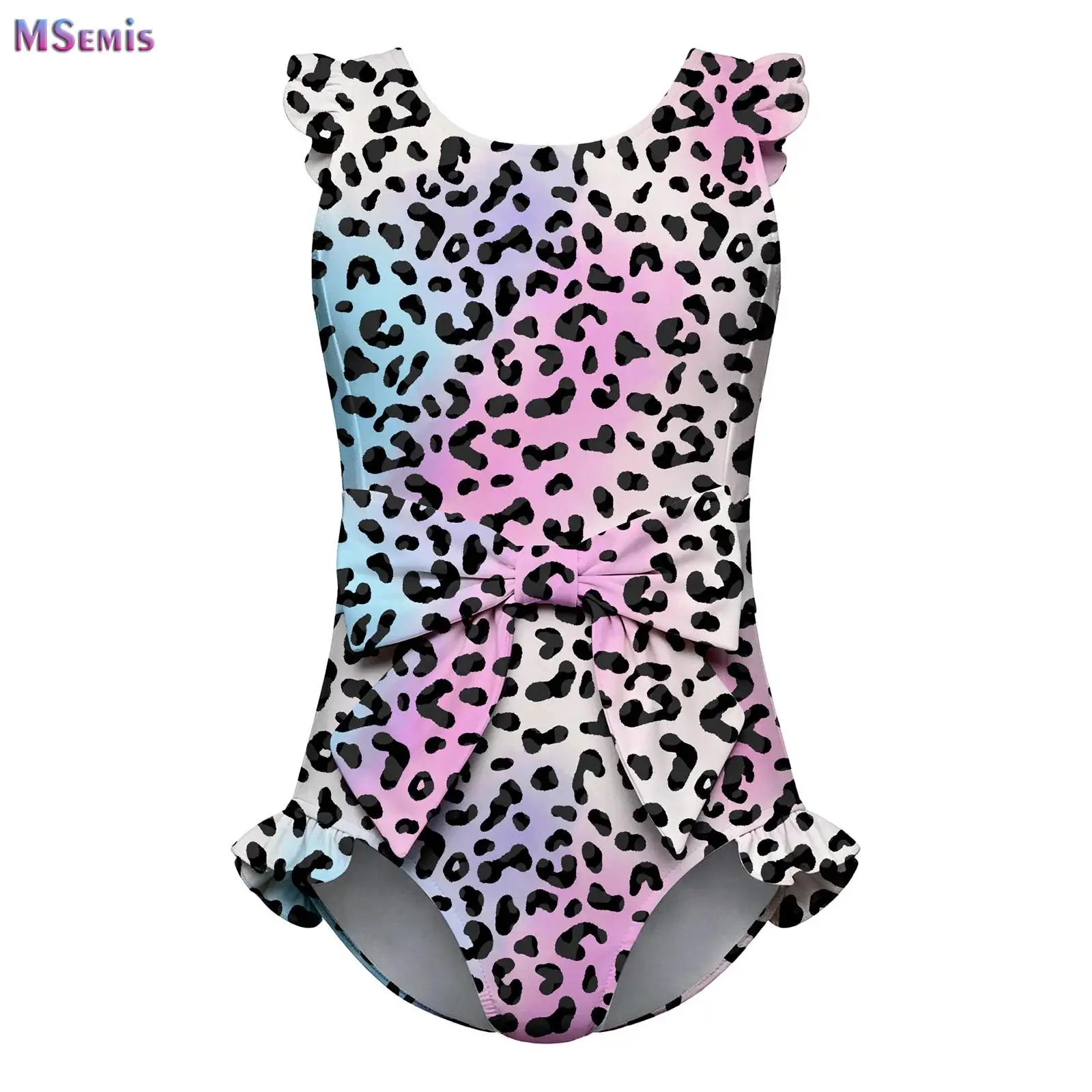 

Kids Girls Adaptive Swimwear with Tube Access Flying Sleeve Bow Buttoned Crotch Printed Leotard Bodysuit Bathing Suit Swimsuit