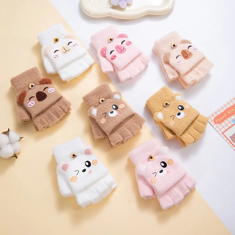 Convertible Flip Top Mittens for Kids Cute Cartoon Warm Winter Gloves Fingerless Full Finger Cover Animal Print Toddler Gloves