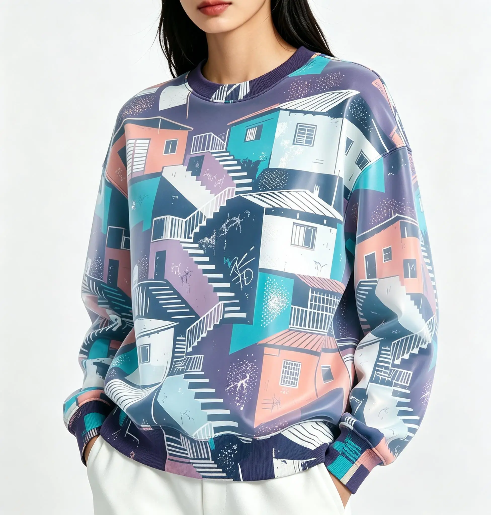 Women Crew Neck Fleece Sweatshirt Abstract Geometric House Village Building Print Long Sleeve Loose No Hood Warm Pullover