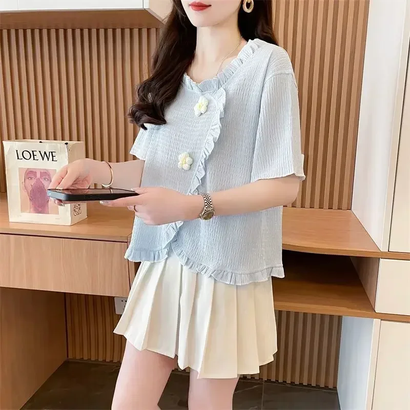 스타일리시한 플로럴 라운드넥 셔츠 여름 입체 여성 의류 솔리드 컬러 캐주얼 루즈 식용 버섯 블라우스