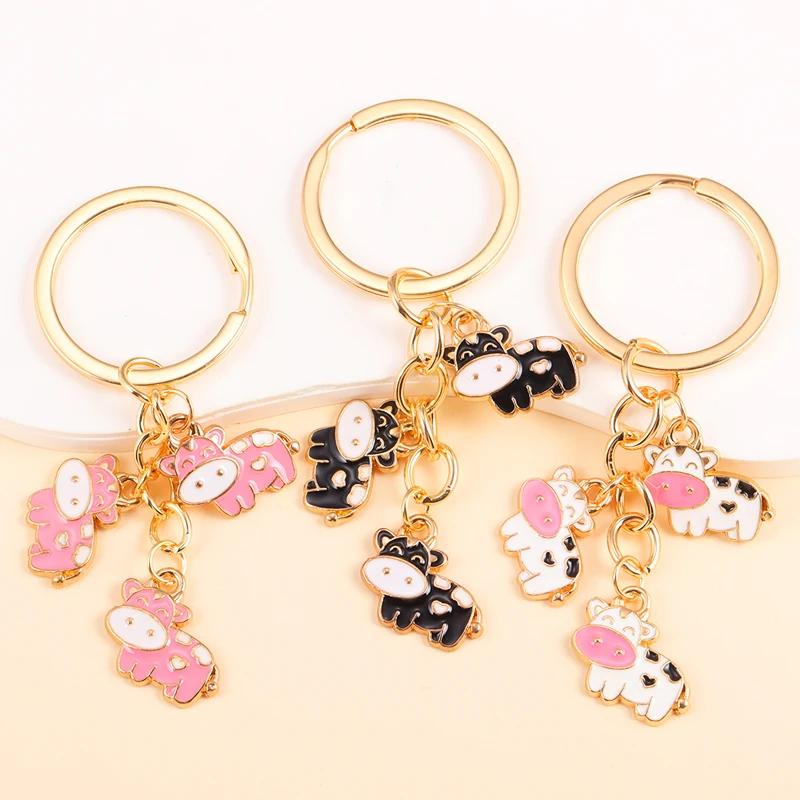 Cute Enamel Colorful Cow Pendants Keychain Kawaii Animal Keyholder For Women Men School Bag Car Key Decor Party Jewelry Gifts