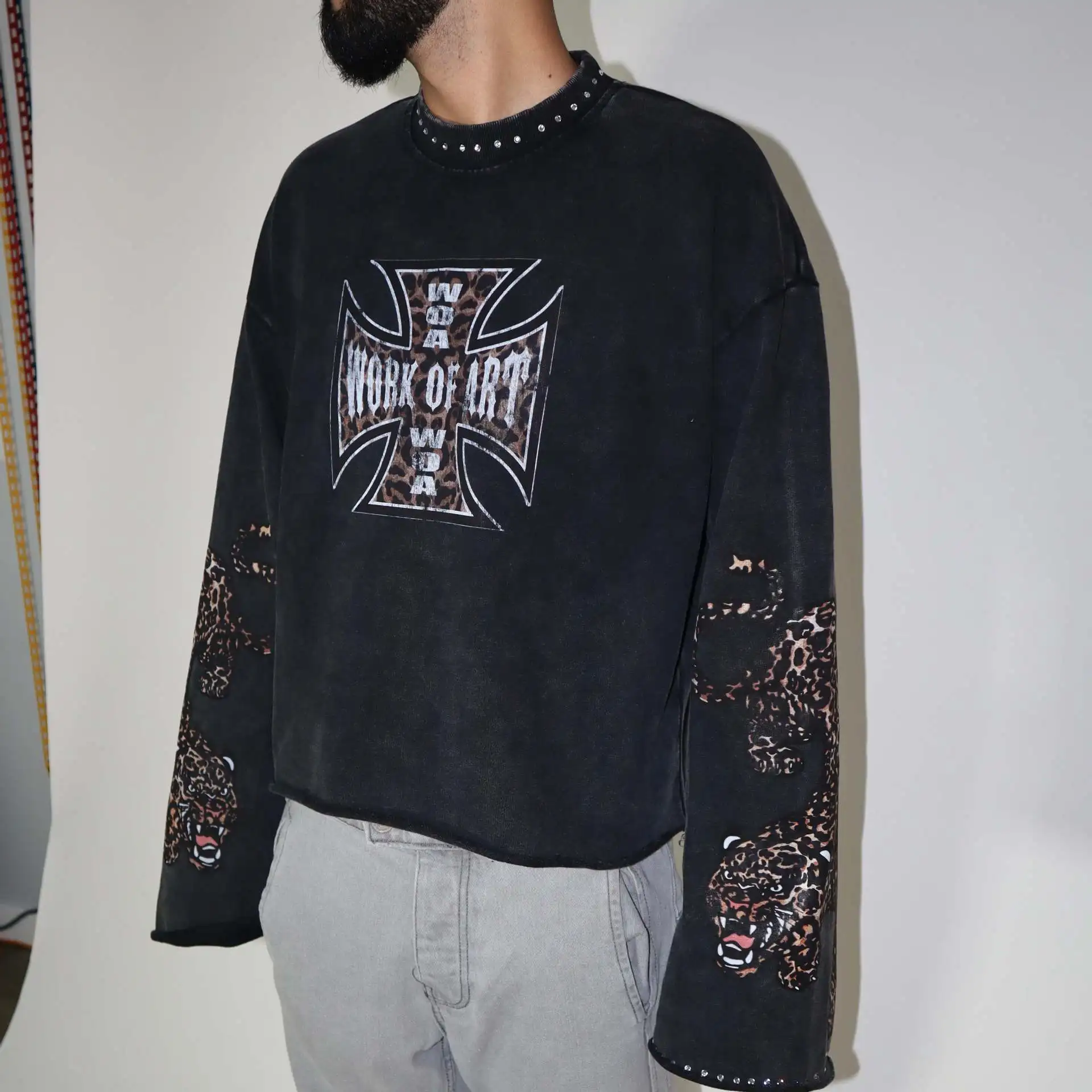 Harajuku Trendy Street Style Cross border Animal Printing Hot Diamond Loose and Versatile Men's and Women's Long Sleeve T-shirt