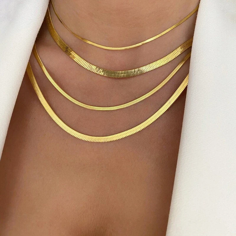 SUNSLL 2/3/4/5MM stal nierdzewna złoty kolor srebrny płaski wężowy łańcuszek w jodełkę naszyjnik dla kobiet mężczyzn wodoodporny Choker biżuteria