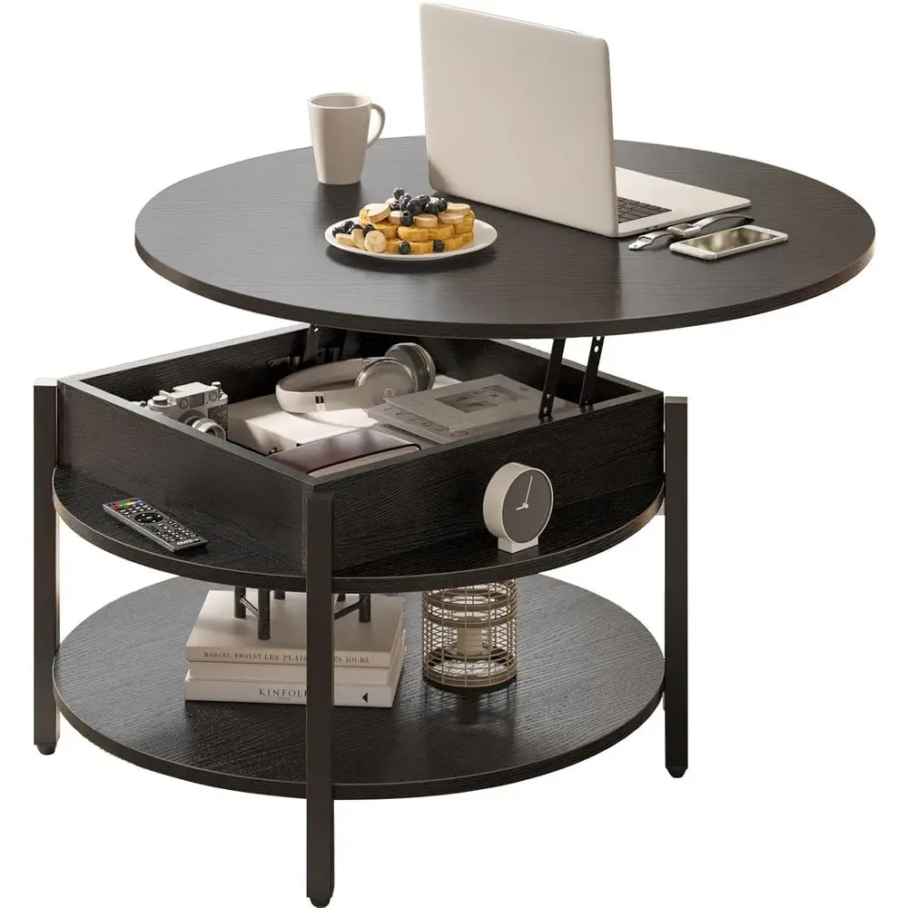 Round Lift Top Coffee Table with Storage and Hidden Compartment, 26.77'' Farmhouse Coffee Table for Living Room Recreation