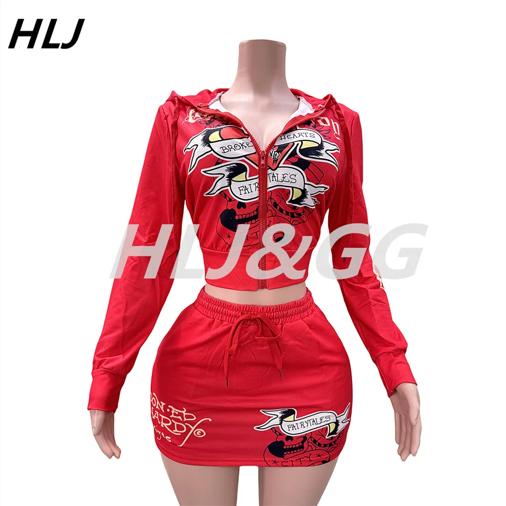 HLJ Red Fashion Pattern Printing Mini Skirts Two Piece Sets Women Zipper Hooded Long Sleeve Crop Top + Drawstring Skirts Outfits