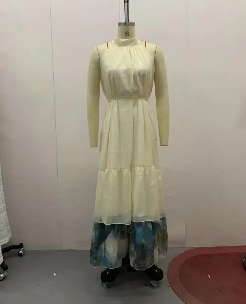 Verão feminino estilo francês em torno do pescoço sem mangas tie dye vestido diário usar mulher em camadas babados moda doce a linha vestidos