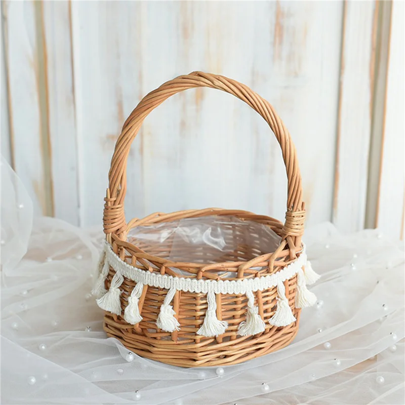 

AT05-3X Woven Storage Basket And Ribbon Wedding Flower Girl Baskets Wicker Rattan Flower Basket For Home Garden Decor
