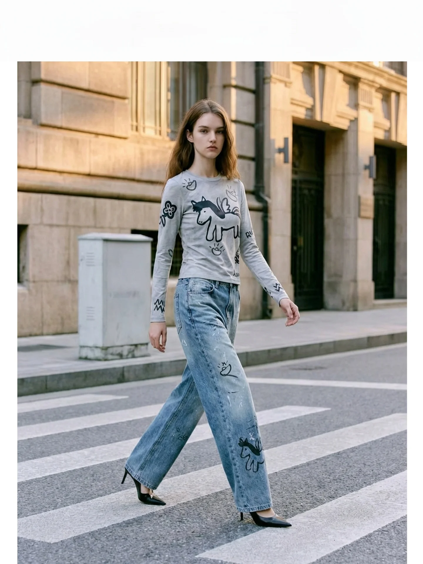 

Джинсы Street Sle с ручной росписью, женские, с высокой талией, свободные, широкие штанины, длинные брюки, весенняя новинка, лимитированная серия, хлопковая ткань