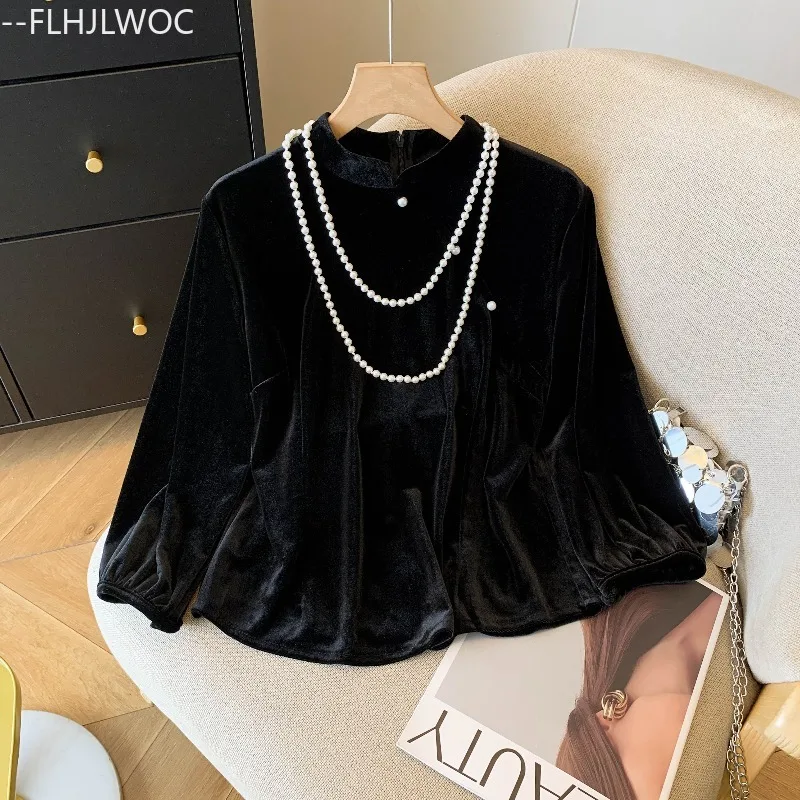 بلوزات مخملية سوداء على الطراز الصيني تشي باو بلوزات ذات ياقة ثابتة للعام الجديد 2026 قمصان كلاسيكية أنيقة للفتيات لربيع 2026