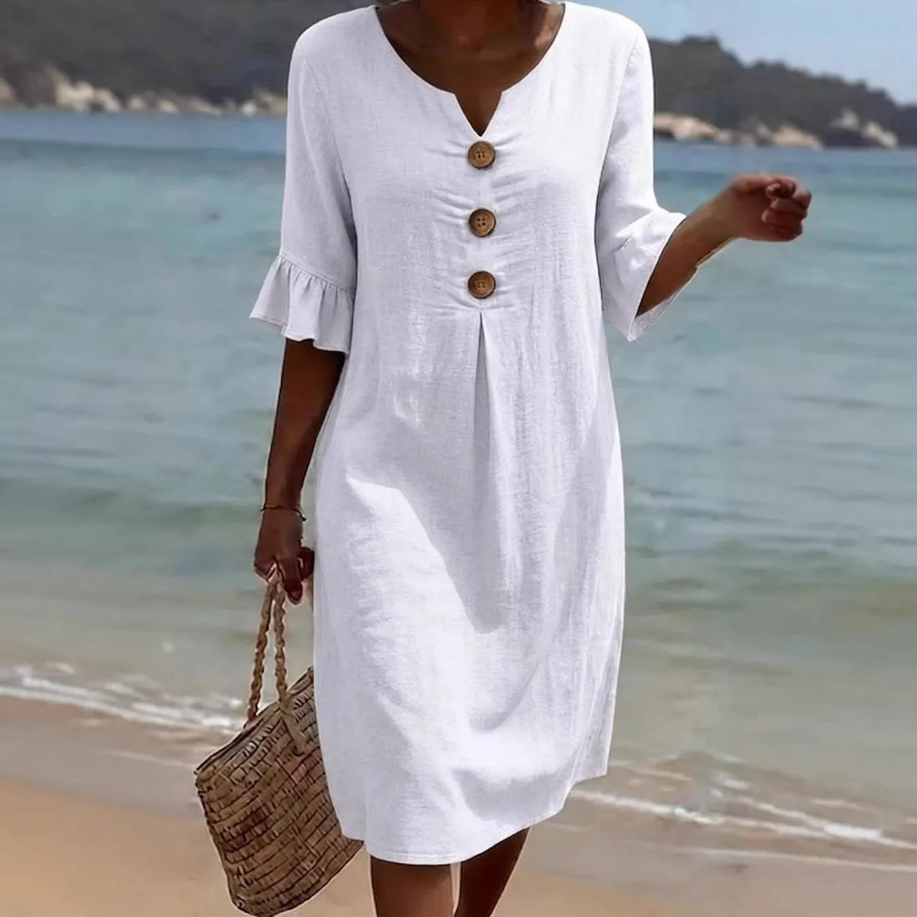 Summer White Dress Women's Linen V Neck Cotton Linen Dresses Blue Three Quarter Sleeve Green Midi Dress Black Beach Casual Dress