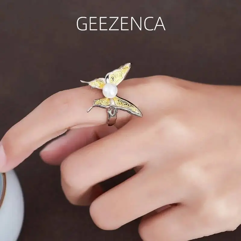 

GEEZENCA Natural Pearl S925 Silver Two Tone Butterfly Wide Rings For Women Hyperbole Chic Cocktail Open Ring 2024 New Party Gift