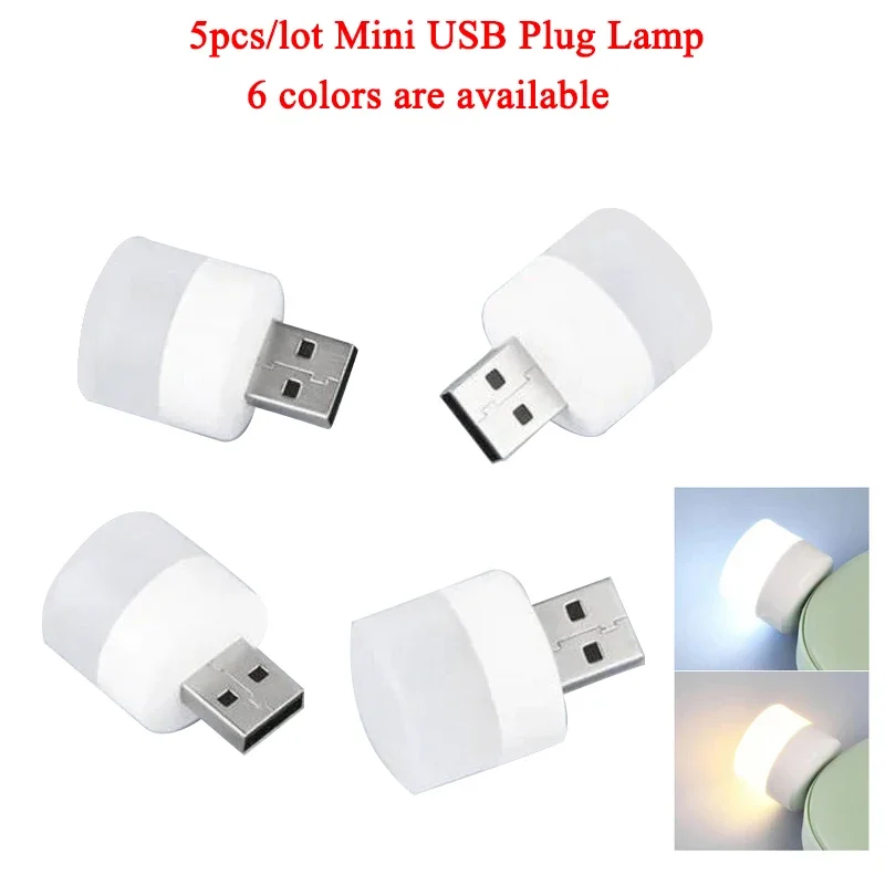 5pc Mini USB Plug Lamp 5V Super Bright Eye Protection Book Light Computer Mobile Power Charging USB Small Round LED Night Light