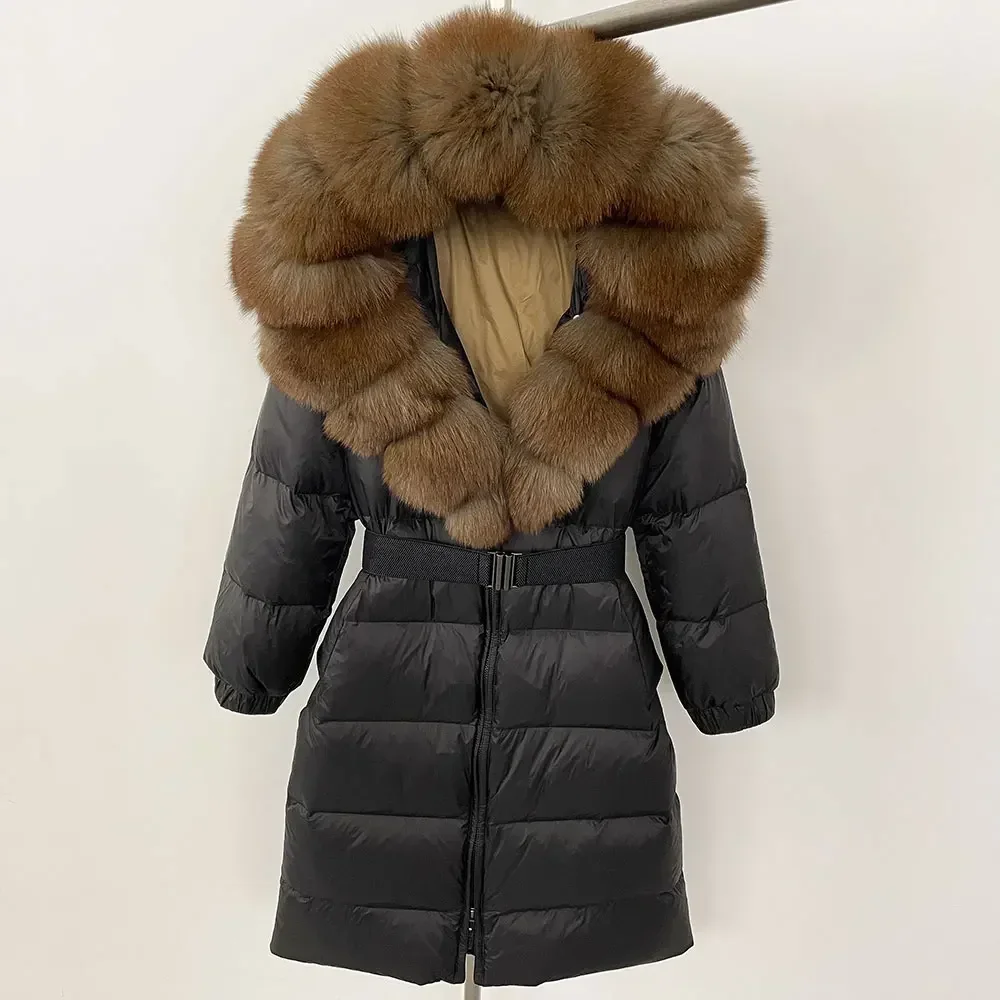 Chaqueta larga gruesa y cálida para mujer, Parka acolchada suelta con cinturón, cuello de piel de zorro grande Natural, abrigo de plumón de pato blanco 90%, novedad de invierno