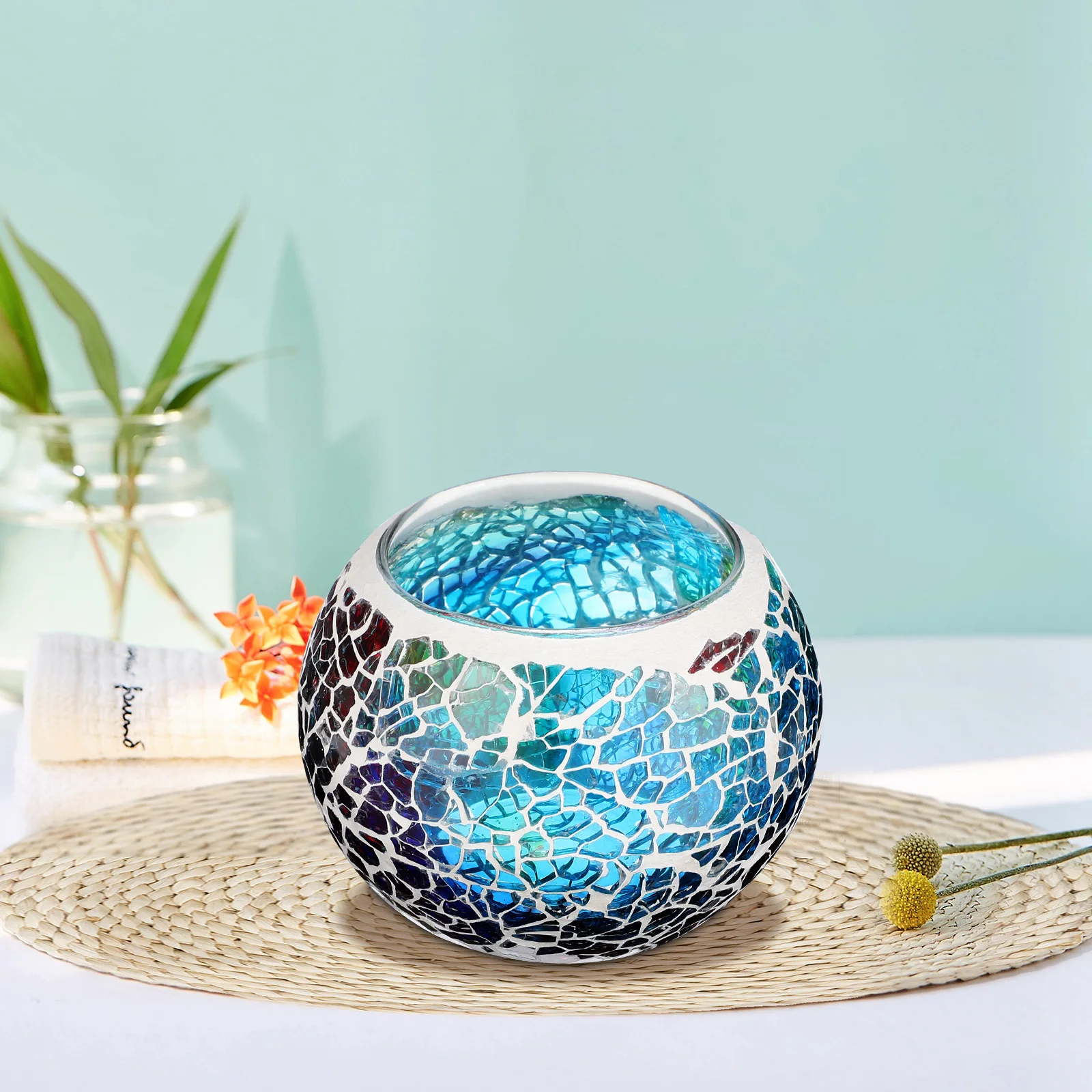 

4Pcs Holders Crackled Glass Mosaic Shattered Surface Tealight Holders Table Centerpiece Home Decorations