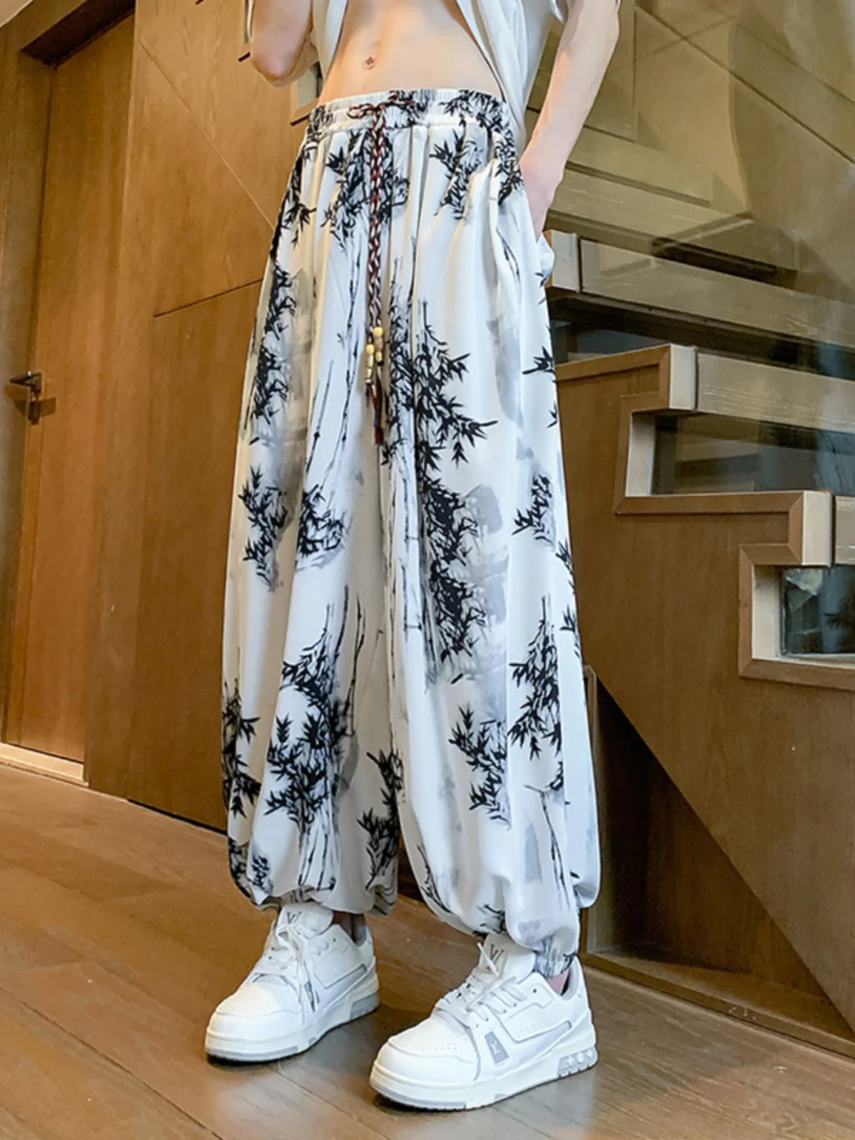 New Chinese Style Water-Media Ice-Silk Men's Summer Thin Loose Wide-Leg Lantern Pants Casual Loose-Fit Nine-Piece Trousers