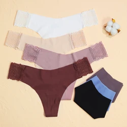 3 Pieces/Set Sexy Ice Silk Thong Women's Seamless Cotton Side Ice Silk Pleated Lingerie Soft Lace Thong Low Waist  Panties