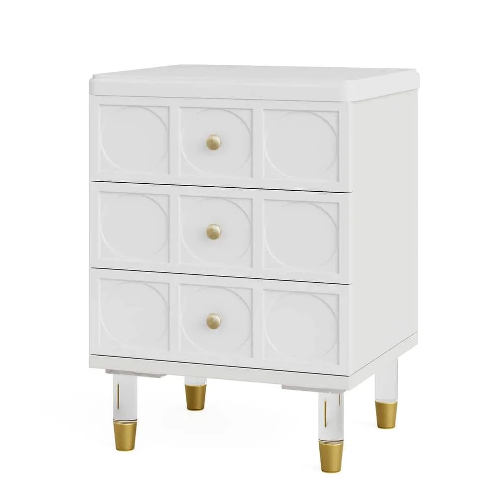 3-Drawer White and Gold Nightstand Modern Bedside Table for Bedroom livinroom