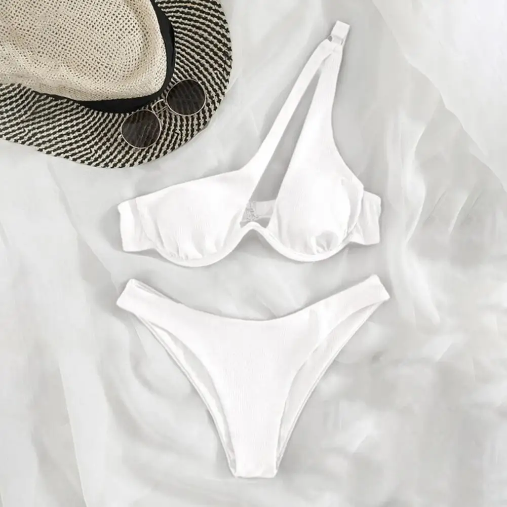 Conjunto de traje de baño de dos piezas para mujer, Bikini elegante de un hombro con cintura alta, ropa de baño de realce Con aros, Color sólido