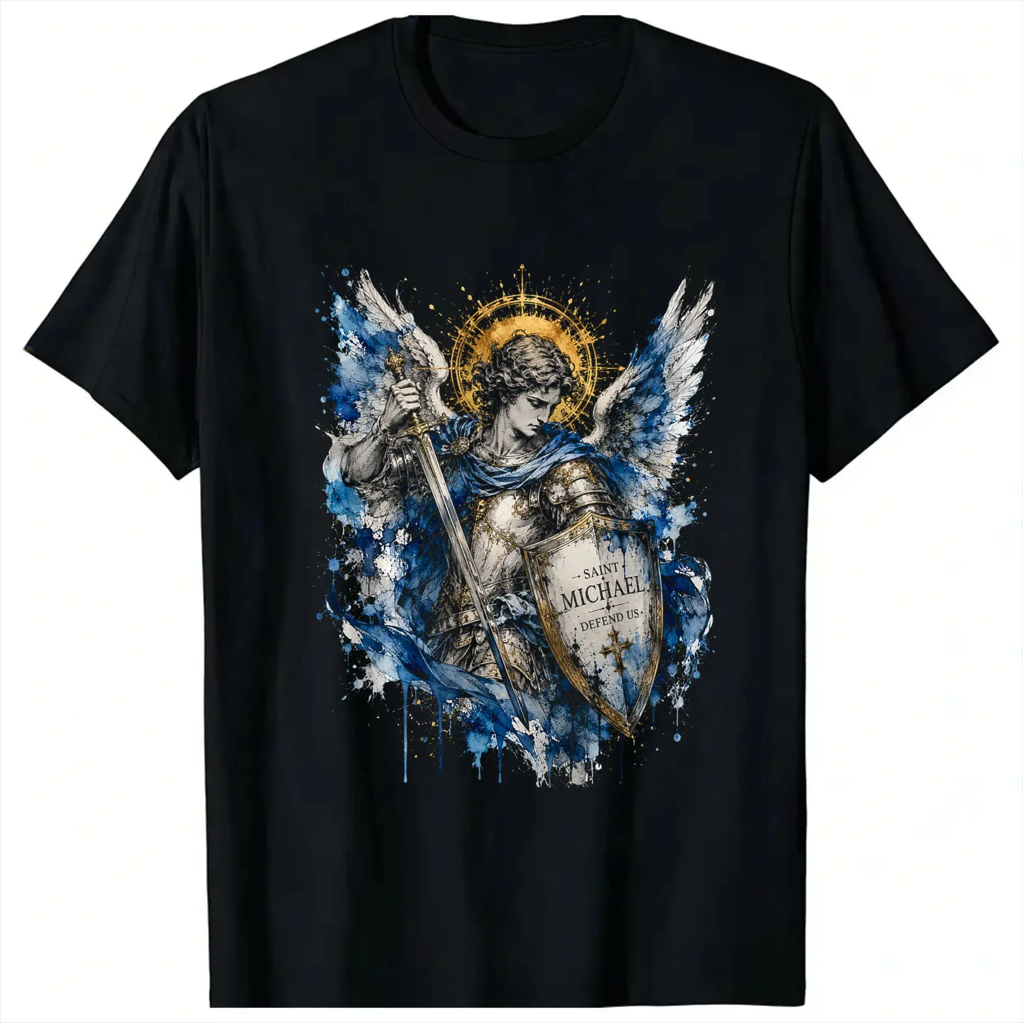 Saint Michael Defend Us Angel Sword Blue Sacred Icon Art Fashion T-Shirts  Cotton Tee Shirt for Men Plus Size Short Sleeve Tees