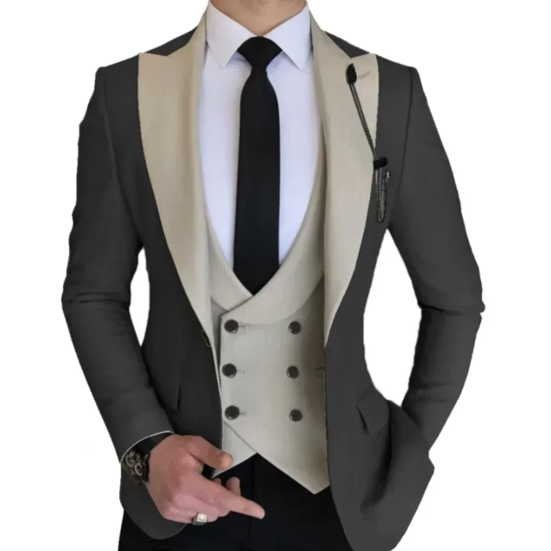 Formeller Herrenanzug, 3-teilig, Blazer, Weste und Hose, schmale Passform, Smoking, spitzes Revers, Brautkleider, Abschlussball, Abendkleid, Business