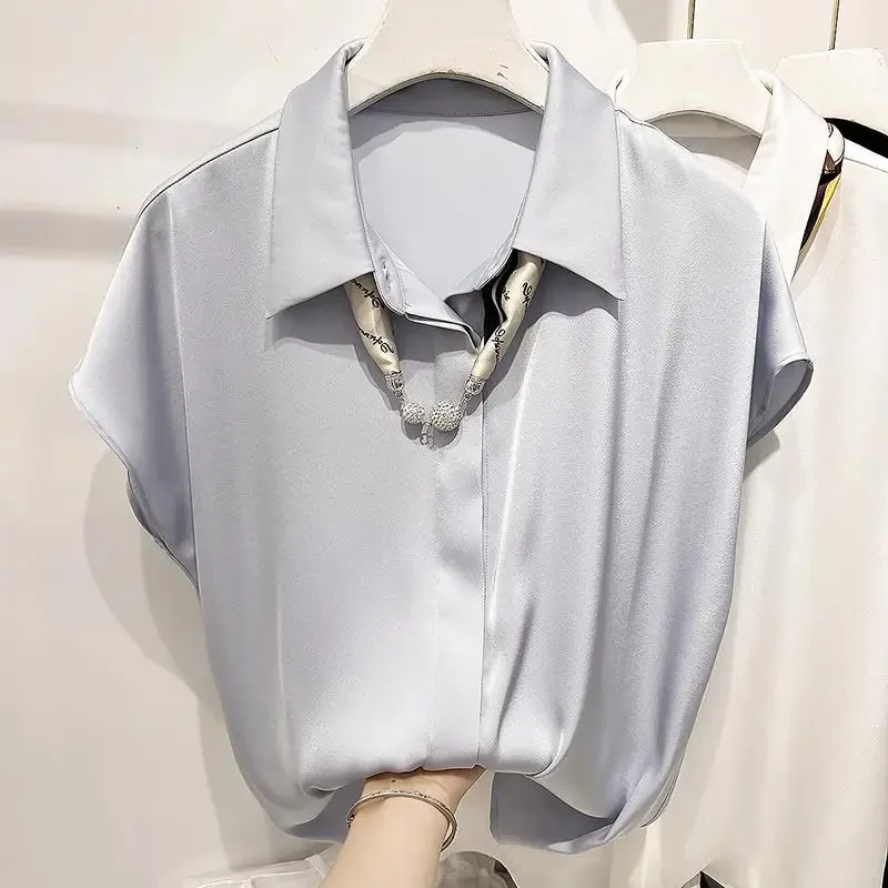 Summer Chiffon White Shirt Tops Short Sleeve Polo Neck Solid Loose All-match Blouse Office Fashion Elegant Women Clothing B87