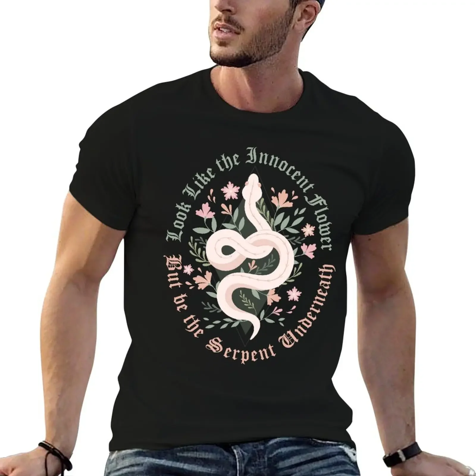 

Serpent and Flowers Design, Quote from Lady Macbeth by William Shakespeare T-Shirt graphic tee shirt sweat tee shirts for men