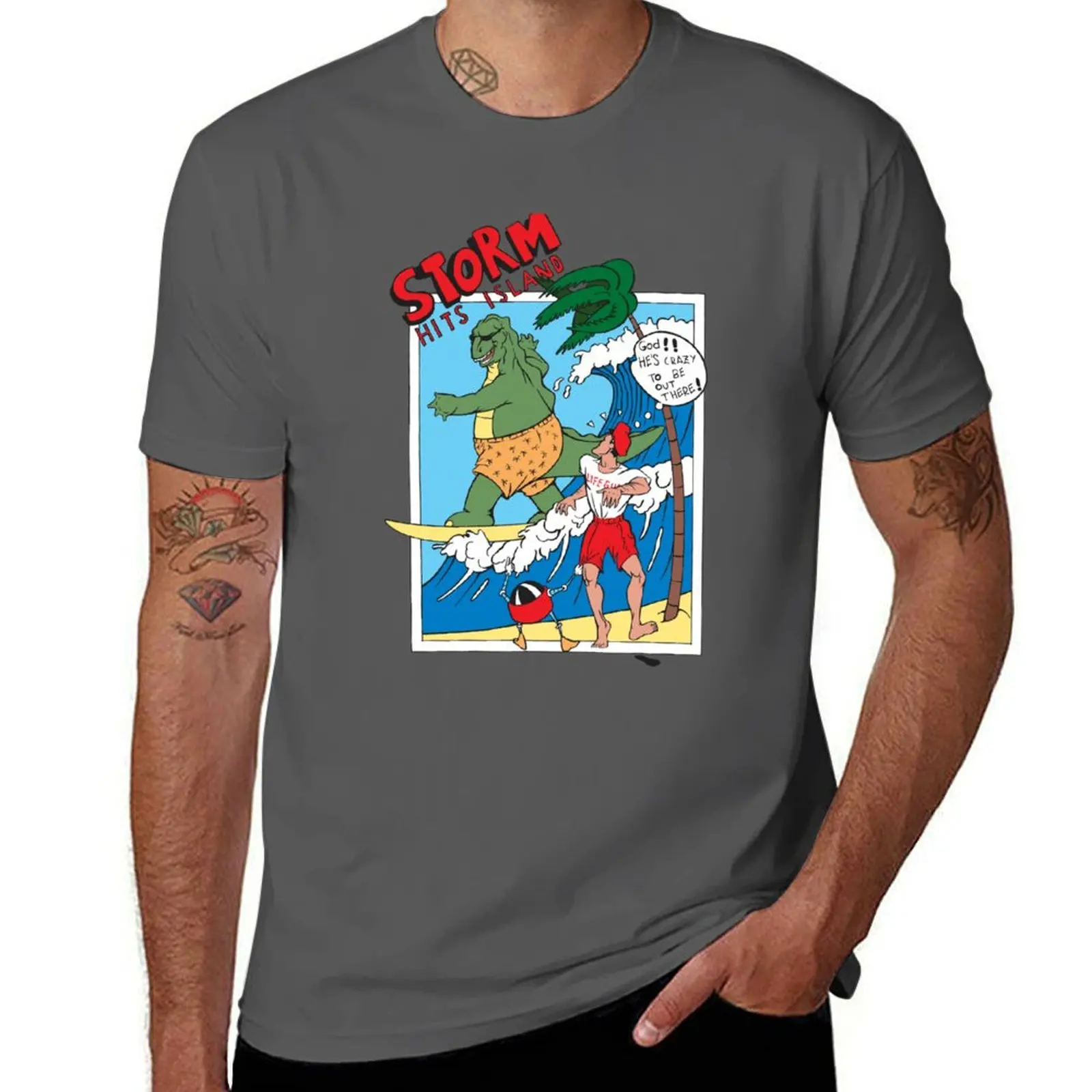 

Storm Hits Island. Surf Monster enjoys! T-Shirt topping croswit shirt man mens white t shirts