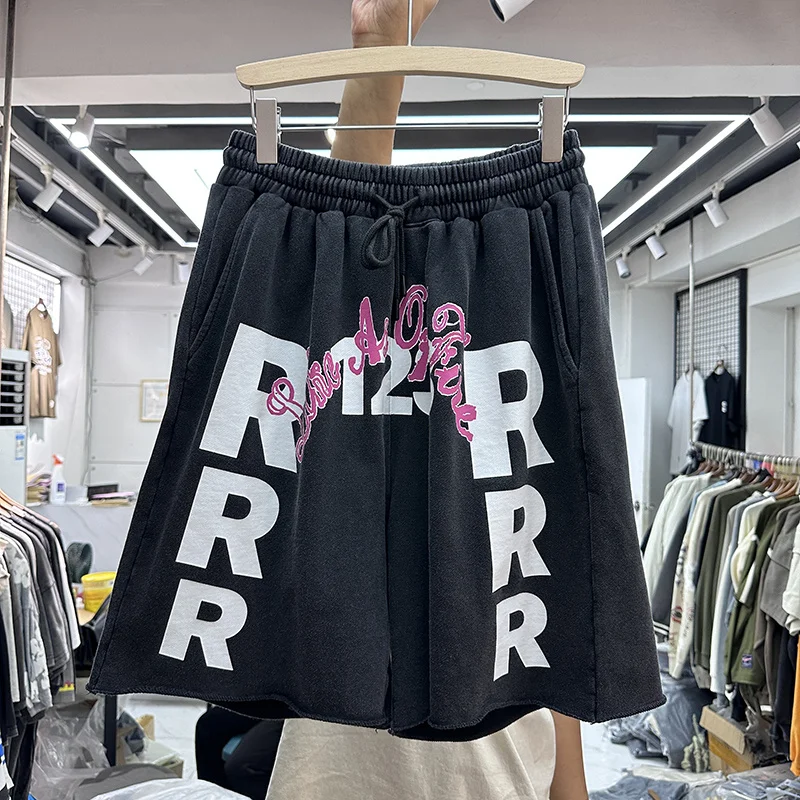 

High Street RRR123 Digital Printing Shorts Retro Distressed Wash Water Capris Loose Sport Drawstring Straight Leg Shorts