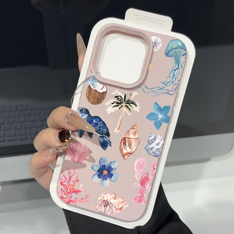 

Ocean Animals Patterned Case For iPhone 16e 16 15 14 13 12 Pro Max 13 15 Pro 11 Leather Texture Soft TPU Silicone Phone Cover