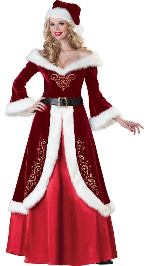 Deluxe Velvet Ladies Santa Claus XMAS Outfit Costume Merry Christmas Long Dress