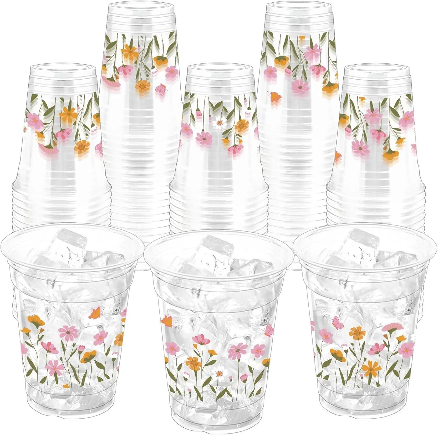 

100Pcs Flower Plastic Party Cups, 12oz Flower Disposable Clear Cups for Parties, Holiday Gatherings, Floral Theme Birthd