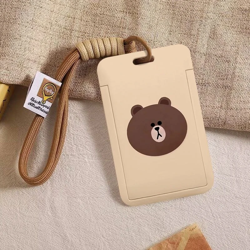 Line friends Brown Card Case Creative High-value Animation Cartoon Printing Student Bus Access Card Protective Case with Lanyard