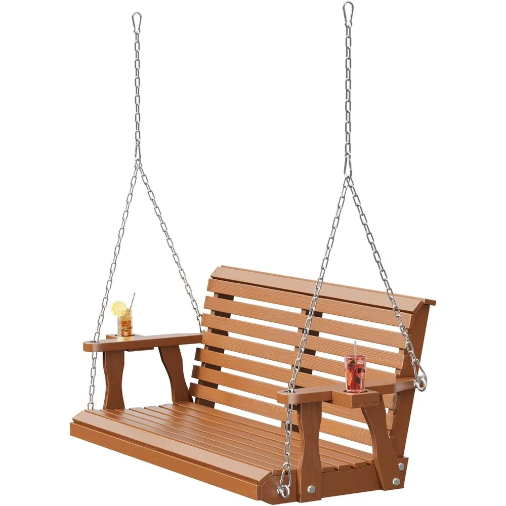 

2-Seater Wooden Porch Swing with Cup Holders - Outdoor Hanging Bench Swing with Deep Seat & High Backrest for Patio,