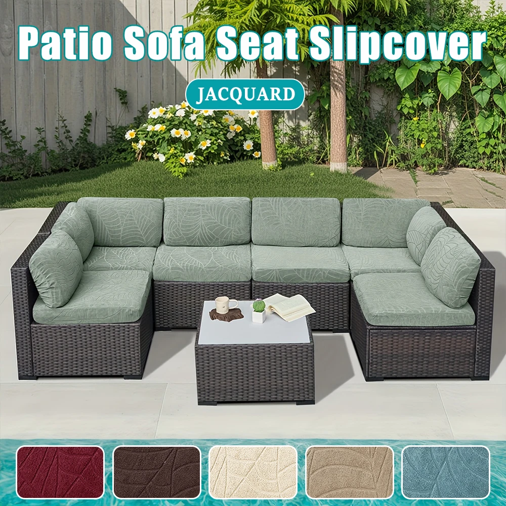 Capa de sofá de tecido jacquard para pátio, elástica, pura, assento de sofá, folha, veia, à prova d'água, respingo, decoração de jardim ao ar livre