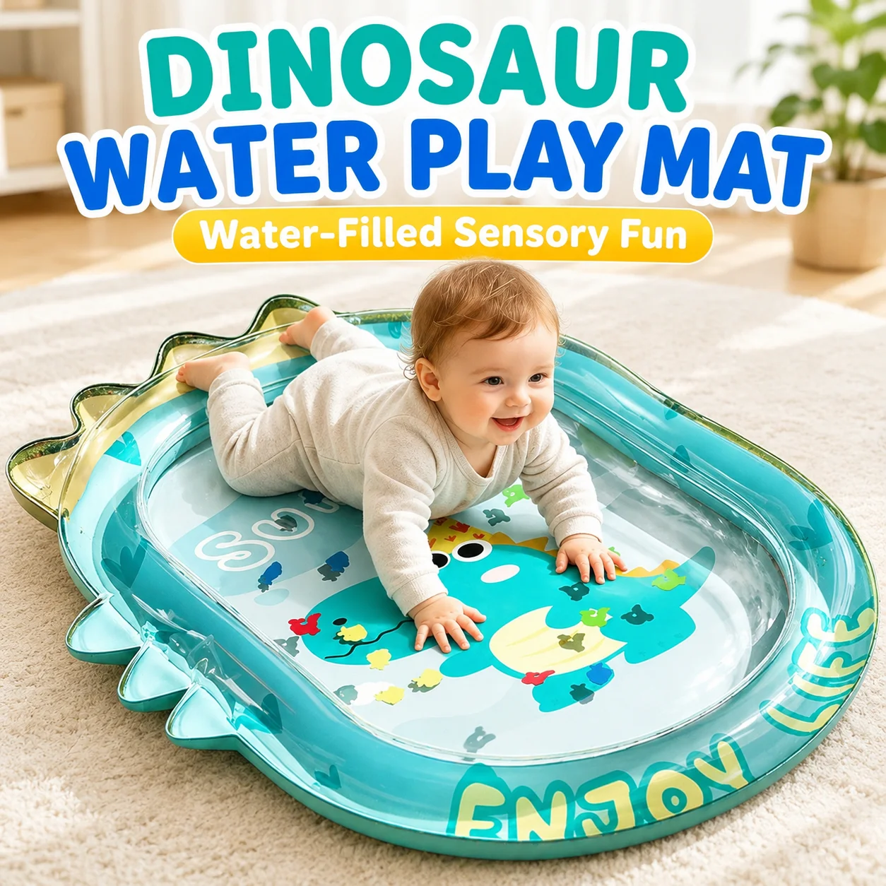 Dinosaur Water Play Mat, Inflatable Tummy Time Mat, Water Filled Sensory Pad Infant Toddler Activity Toy