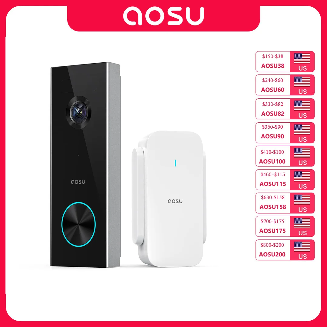 AOSU 3MP WiFi Doorbell 5000 mAh Battery Wireless Video Intercom AI Human Detection 2-way Audio Smart Door Bell Support Alexa