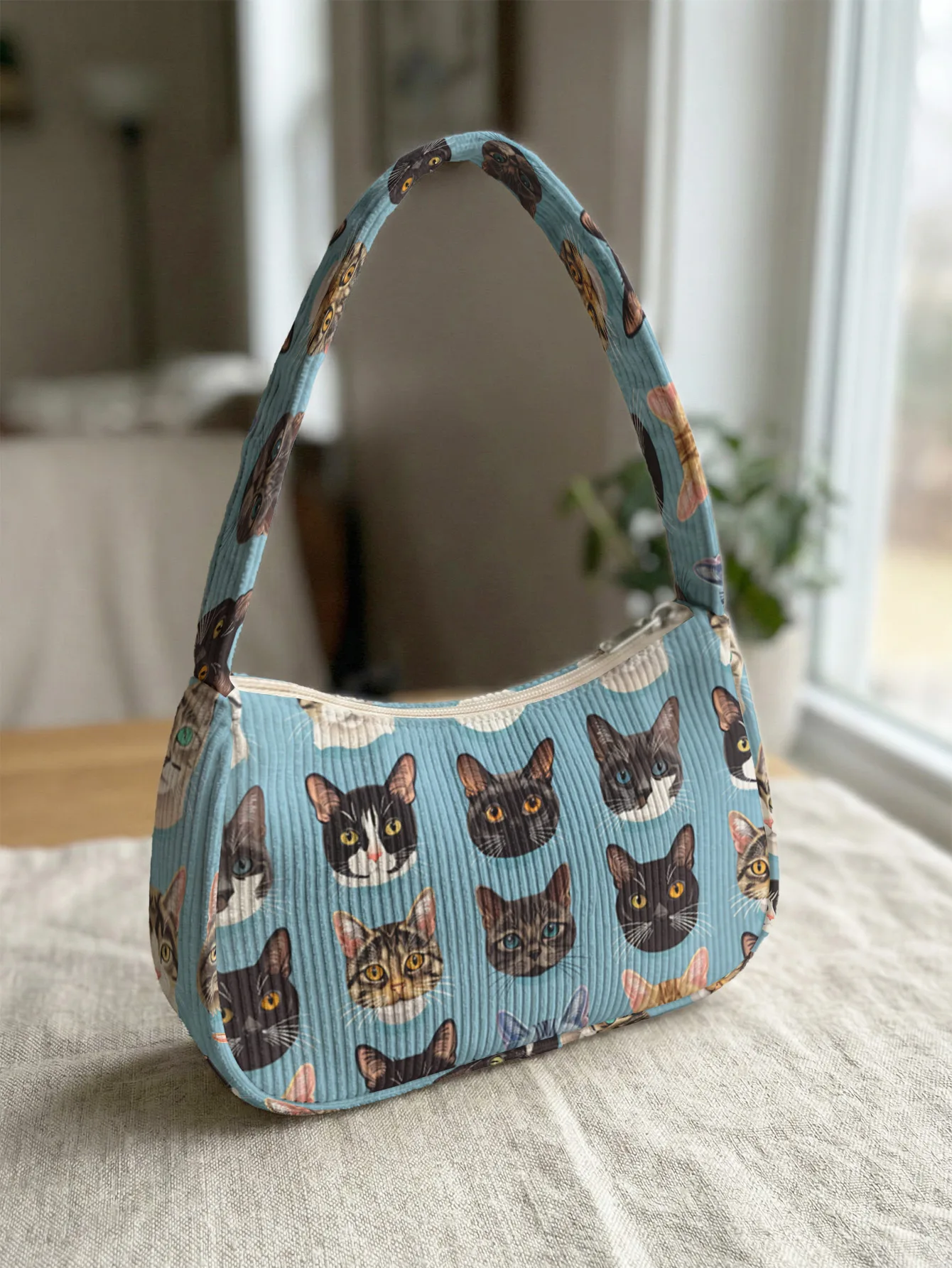 Trendy Multi Cat Faces Print Shoulder Bag, Blue Corduroy Underarm Bag for Daily Casual Use