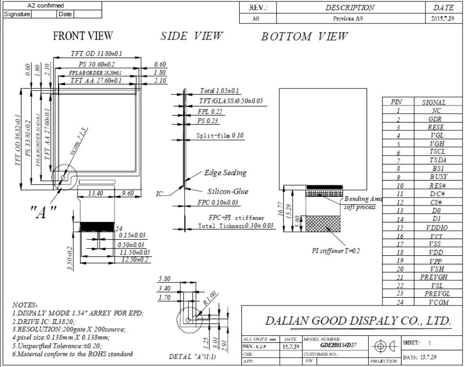 Eink display 1,54 zoll epaper 200x200 e-papier HINK-E0154A05-A2