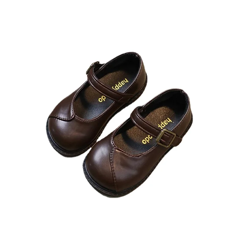 

2023 Simple Girls Shallow Leather Shoes Retro Non-slip Round-toe kids small Leather Shoes Baby Toddler Soft Sole Walking Shoes