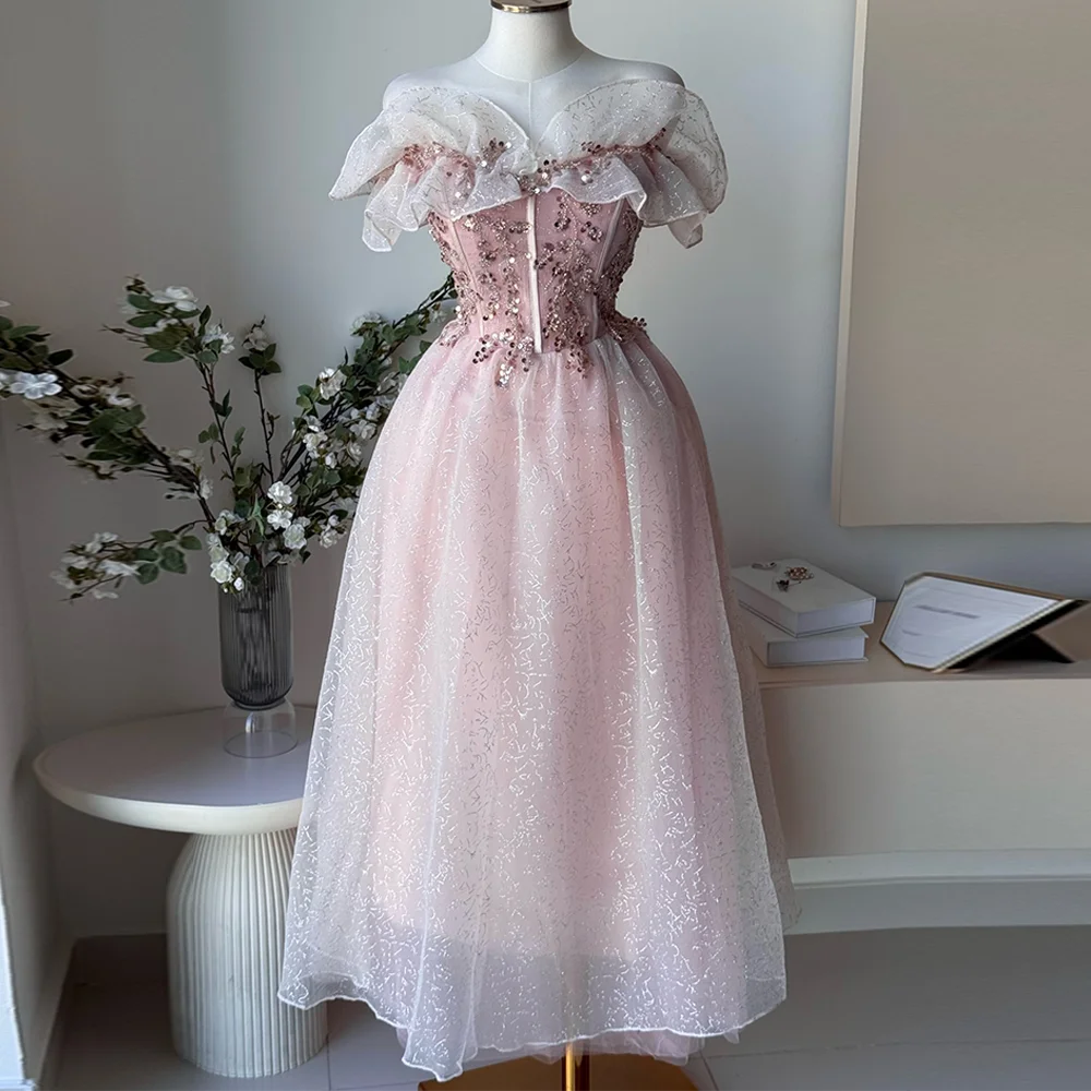 High Quality Beading Prom Dresses Elegant Pink Organza Evening Dress with Lace Up Back Modern Style A-Line Short Cocktail Gowns