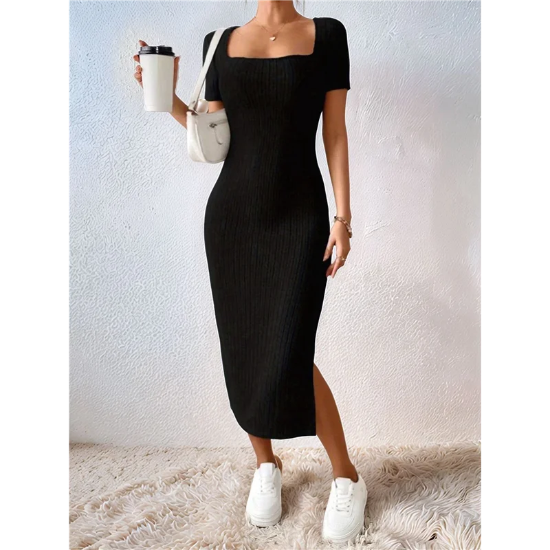 Feminino 2025 verão com nervuras manga curta bodycon maxi vestido lateral fenda malha pescoço quadrado longo vestido de verão