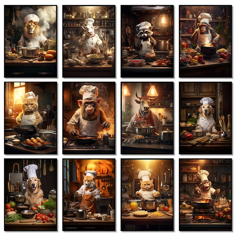 Engraçado animal chef cozinha padaria comida deliciosa cartaz e impresso pintura em tela arte da parede fotos decoração para casa presente
