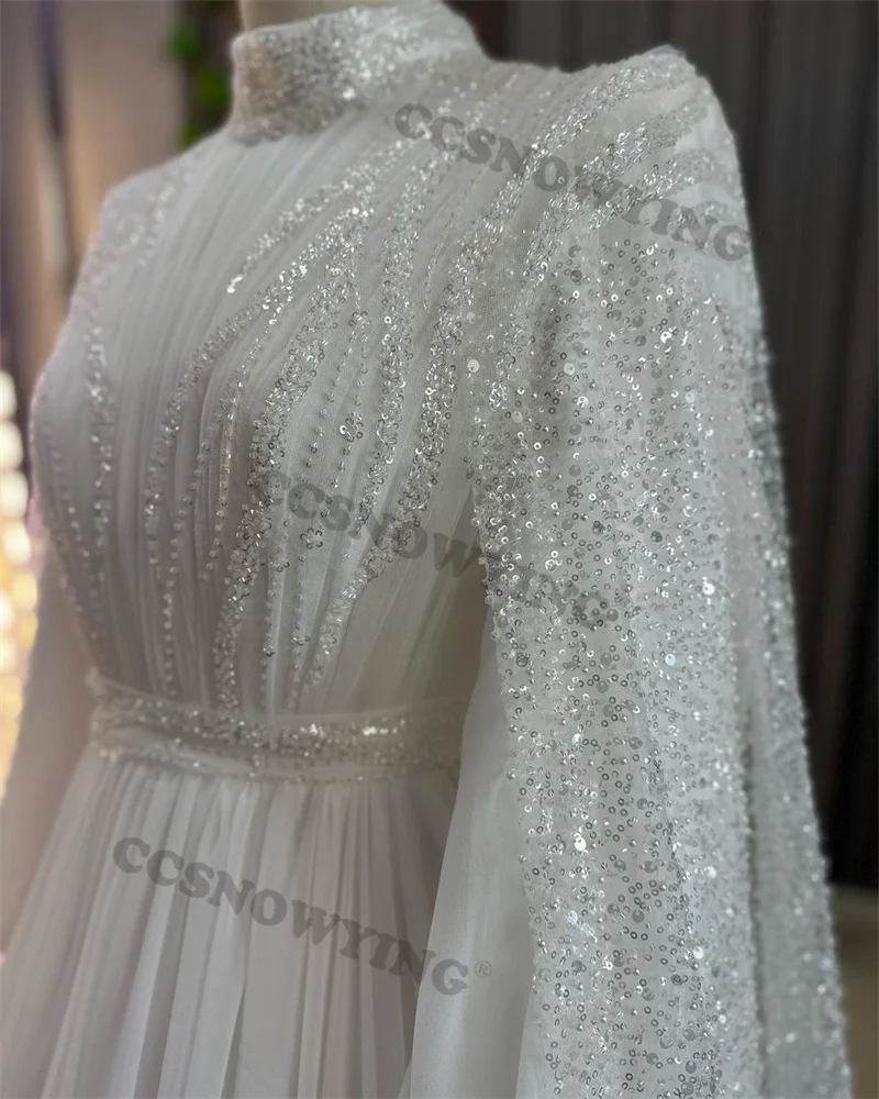 Wonderful  Chiffon Beaded Sequin Muslim White Puffy Sleeve  High Neck with Cape Wedding Dress Prom Dress Formal Occasion Dresses