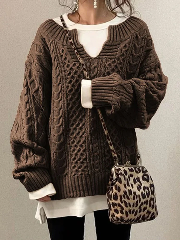 

Oversized Sweater Women Autumn Winter Long Sleeve V Neck Knitted Pullover Female Fashion Loose Solid Color Casual Twist Knitwear