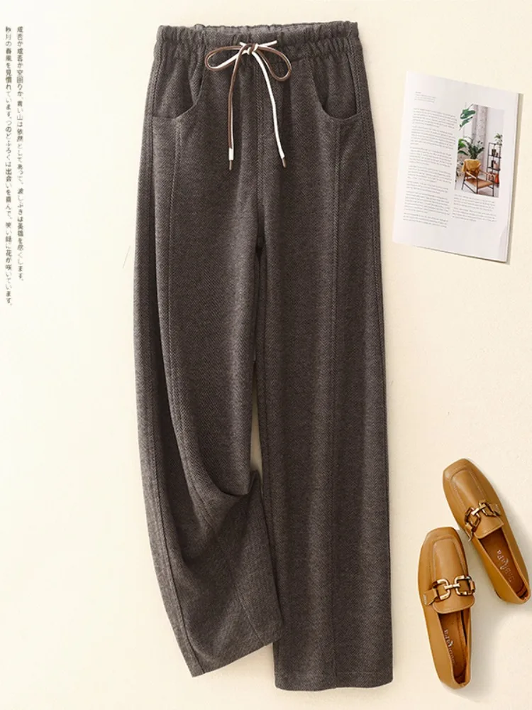 하이웨이스트 와이드 레그 팬츠 여성 캐주얼 스트레이트 컷 바지 겨울용 신축성 있는 허리 벨트 슬림핏 나이프 팬츠