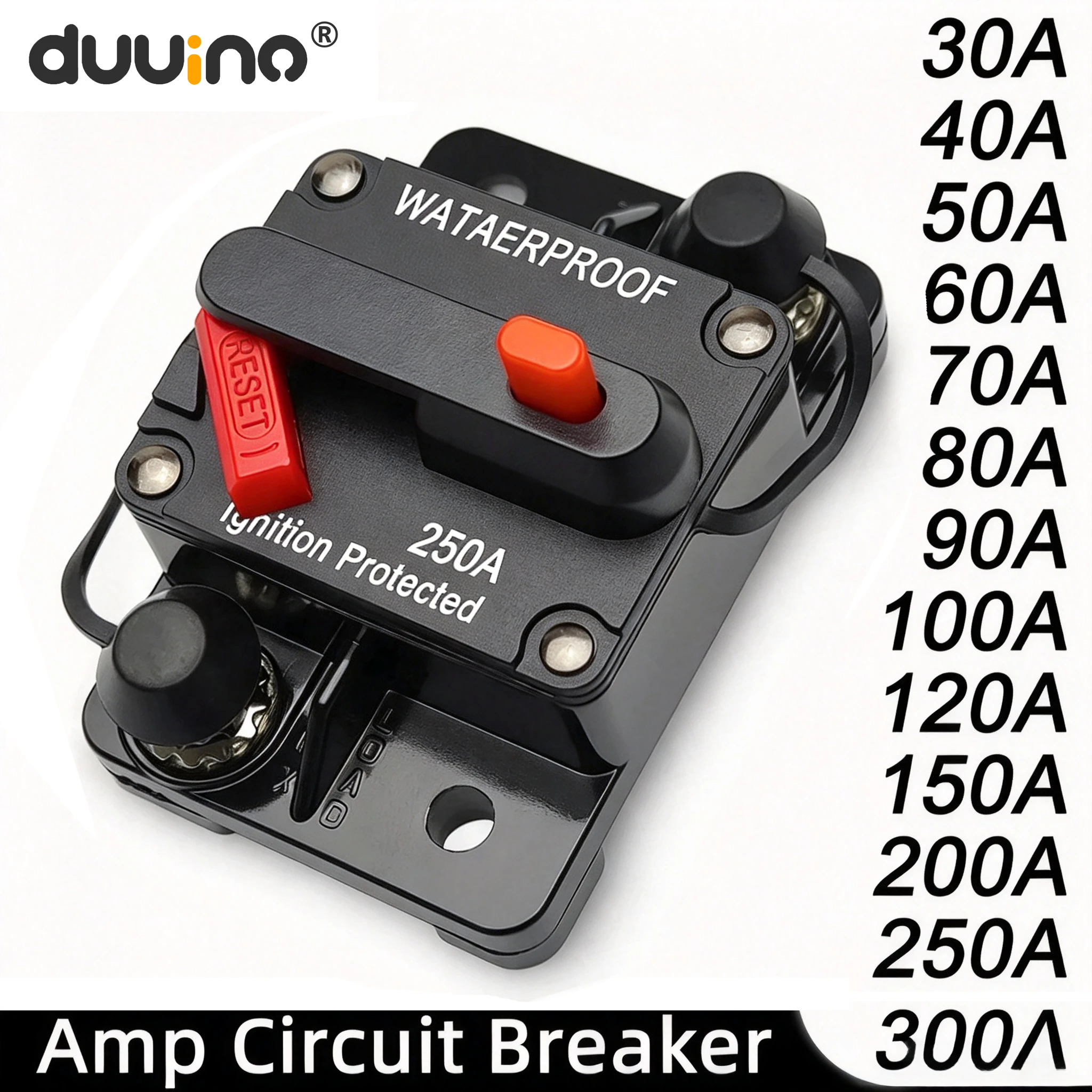 Car Waterproof Circuit Breaker Fuse Ribbon Reset 30A 40A 60A 70A 80A 100A 150A 200A 250A 300A AMP12-48V DC Car Boat Car Audio